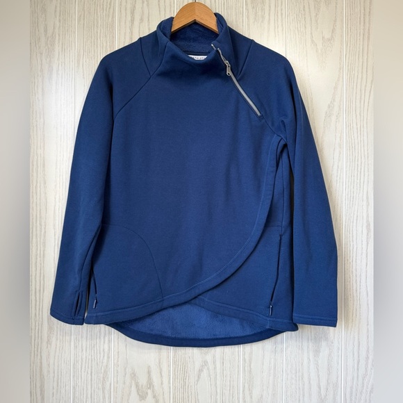 Athleta Cozy Karma Asymmetrical Pullover Women's Size SP Navy Blue Mock Neck EUC - Picture 1 of 3
